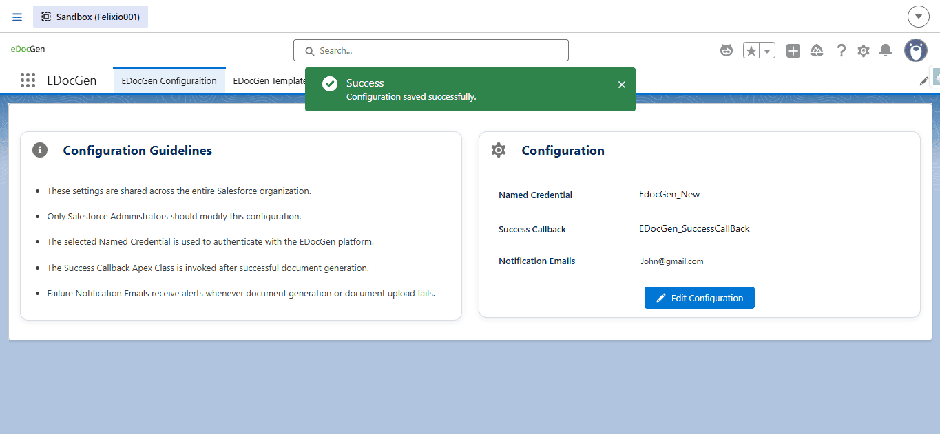 Configuration saved successfully